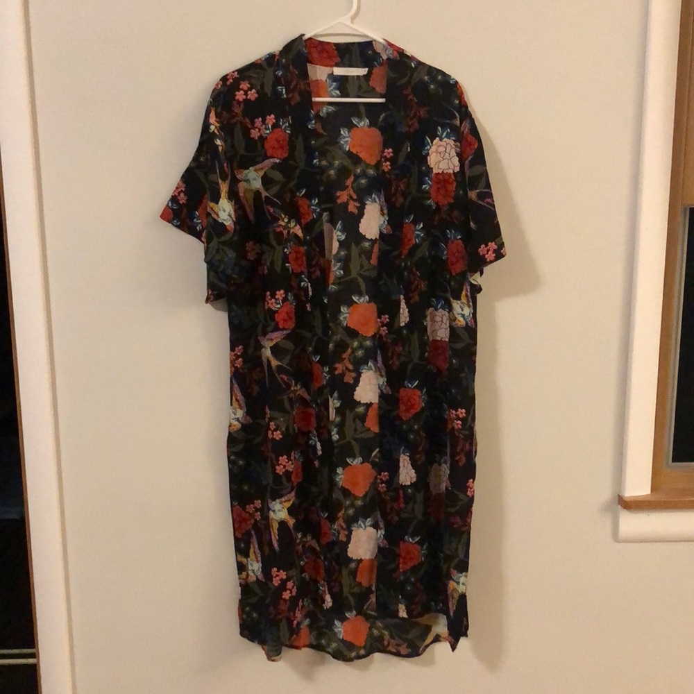 NWOT Black floral and aviary print open kimono